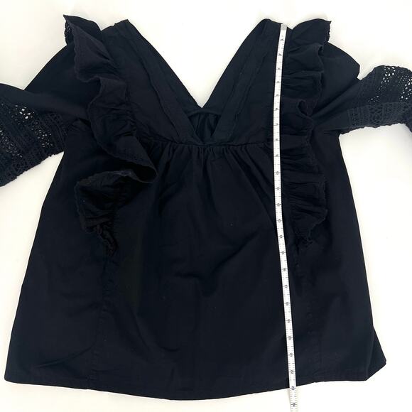 Anthropologie Black Double V Neck Ruffle Eyelet Peasant Boho Top Size XS - Picture 5 of 10